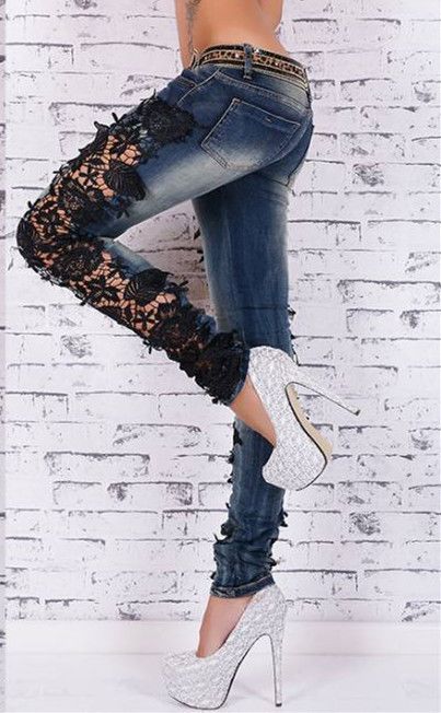 F8910 Sexy Womens Skinny Ripped Distressed Lace Jeans